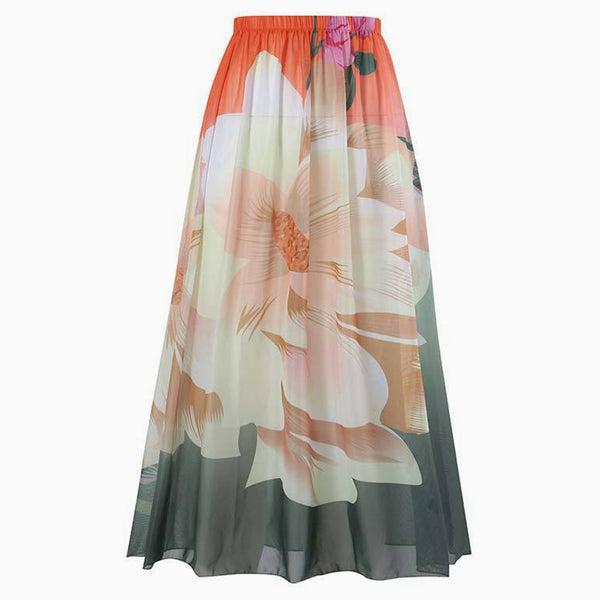 Flowy Floral Printed High Waist Ruched Mesh Beach Cover Up Maxi Skirt