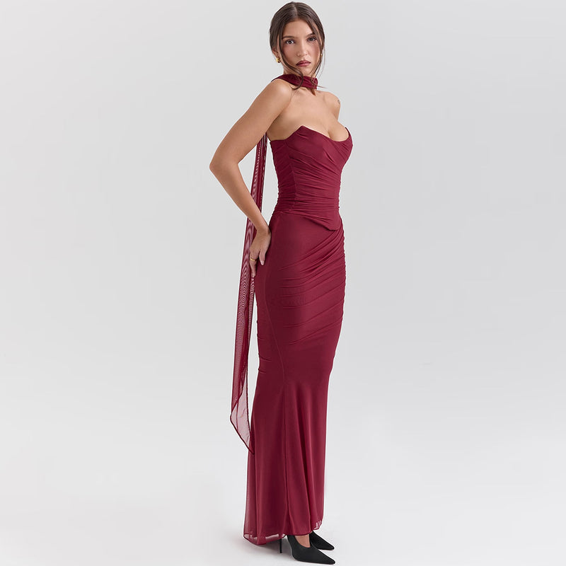 Flowy Scarf Strapless Corset High Waist Fishtail Mesh Skirt Matching Set