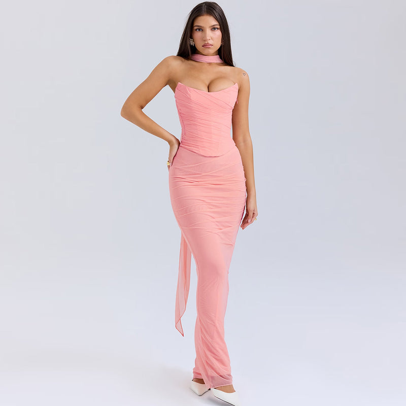 Flowy Scarf Strapless Corset High Waist Fishtail Mesh Skirt Matching Set