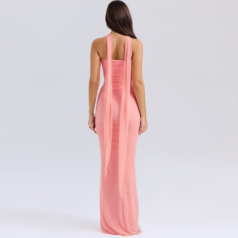Flowy Scarf Strapless Corset High Waist Fishtail Mesh Skirt Matching Set