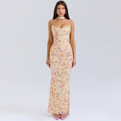 Flowy Scarf Strapless Corset High Waist Fishtail Mesh Skirt Matching Set