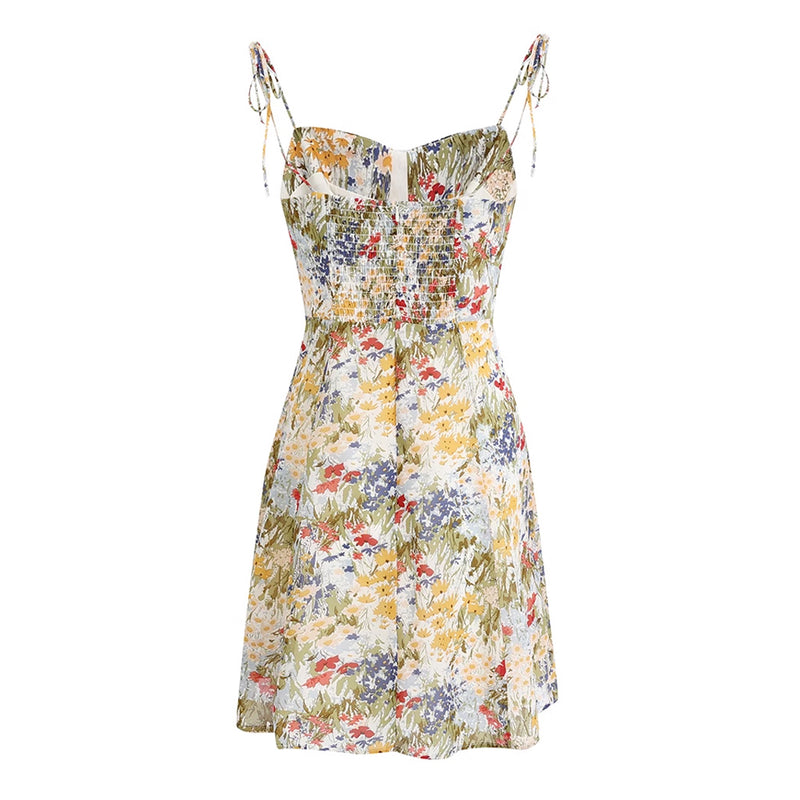 Flowy Sweetheart Neck Tie Strap Sleeveless Chiffon Mini Floral Print Sundress