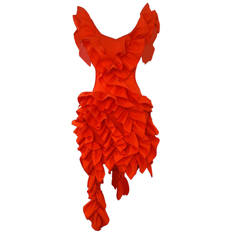 Flutter Ruched Ruffle V Neck Cutout Waist Backless Draped Asymmetrical Mini Dress