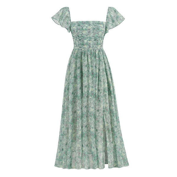 Flutter Square Neck Cap Sleeve Ruched Fit and Flare Floral Print Chiffon Split Midi Sundress