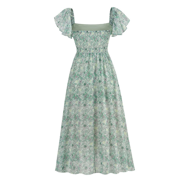 Flutter Square Neck Cap Sleeve Ruched Fit and Flare Floral Print Chiffon Split Midi Sundress
