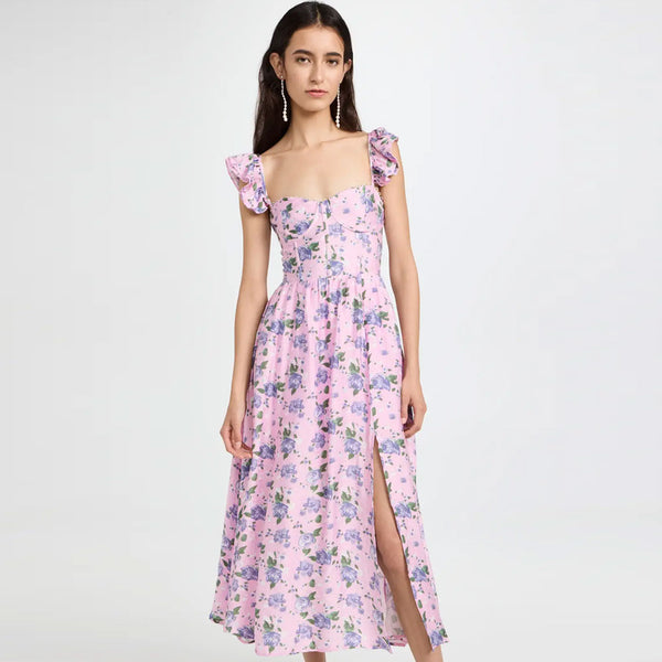 Flutter Sweetheart Neck Frill Strap Fit and Flare Floral Print Split Midi Corset Sundress