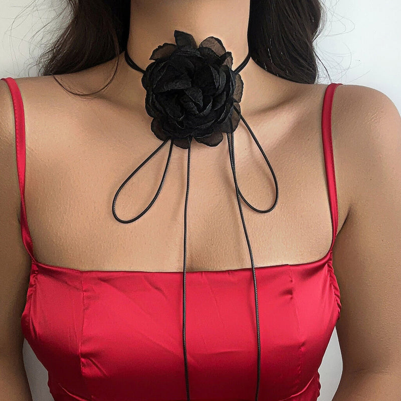 For You in Full Blossom Pretty Mesh Big Rosette Tie Wrap Choker Necklace