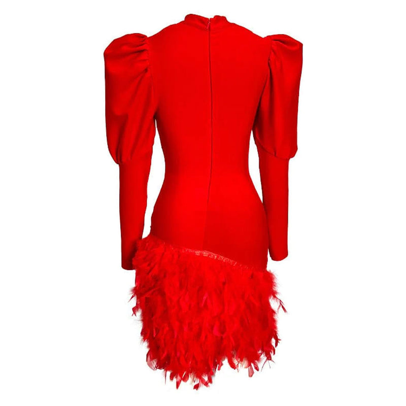 Formal Crystal Feather Trim Leg of Mutton Sleeve Bandage Bodycon Mini Dress