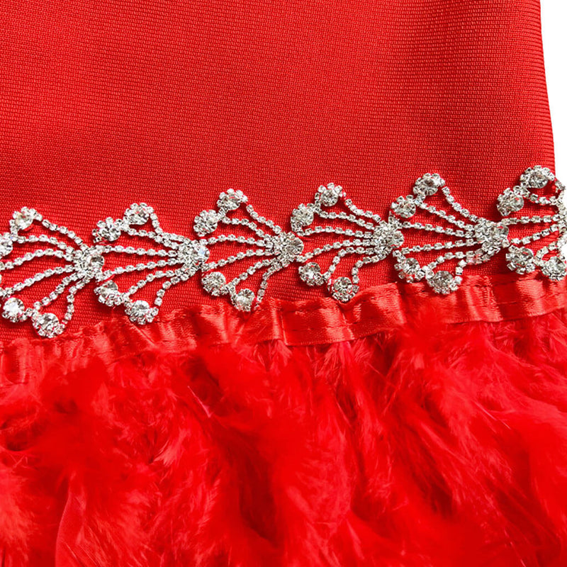 Formal Crystal Feather Trim Leg of Mutton Sleeve Bandage Bodycon Mini Dress