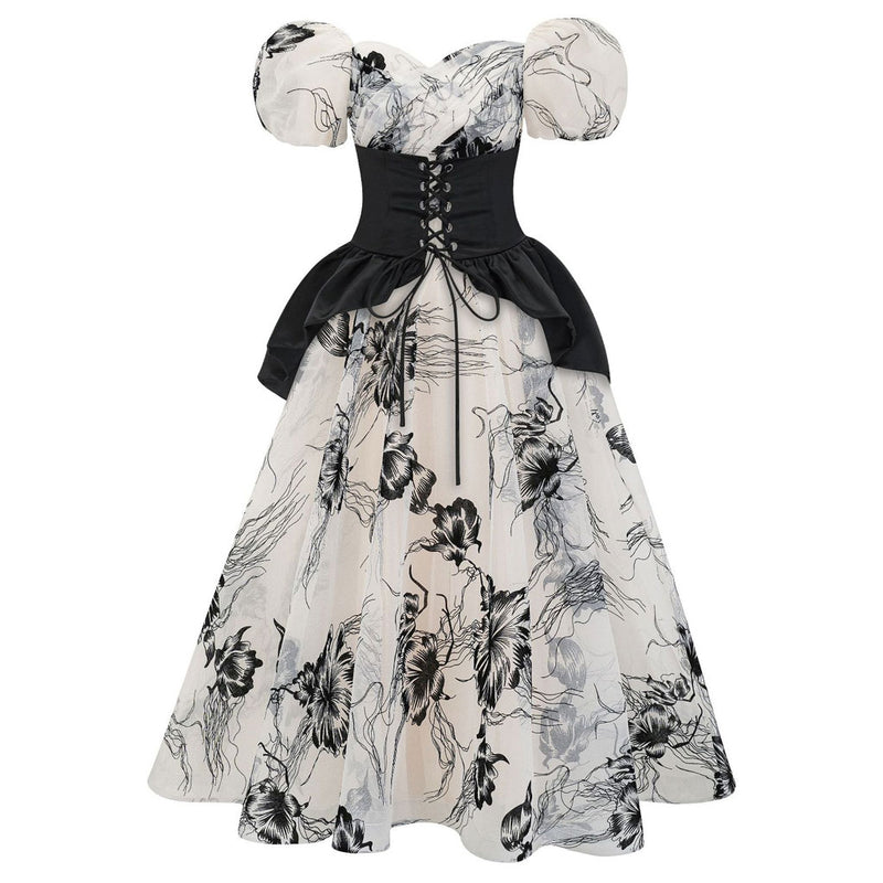French Frilled Sweetheart Neck Puff Sleeve Laced Belt Black and White Floral Maxi Dress