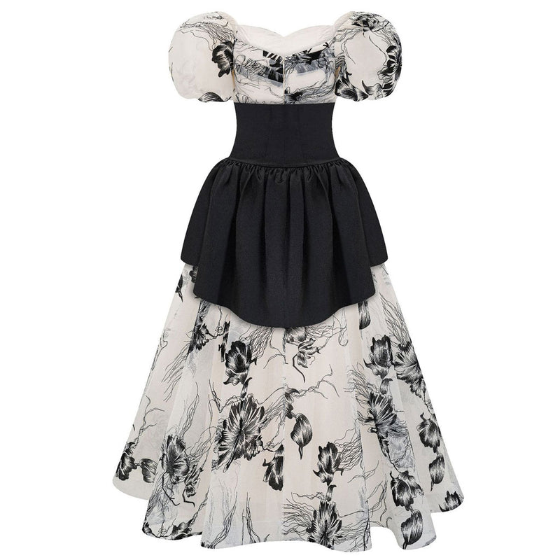 French Frilled Sweetheart Neck Puff Sleeve Laced Belt Black and White Floral Maxi Dress