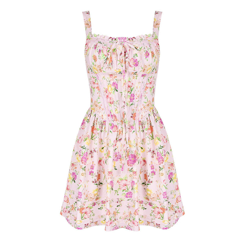 French Style Bow Trim Pleated Bustier Drop Waist Mini Floral Print Sundress