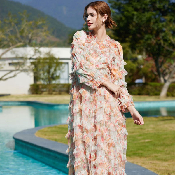 French Style Crew Neck 3/4 Sleeve A Line Printed Floral Tulle Ruffle Maxi Dress