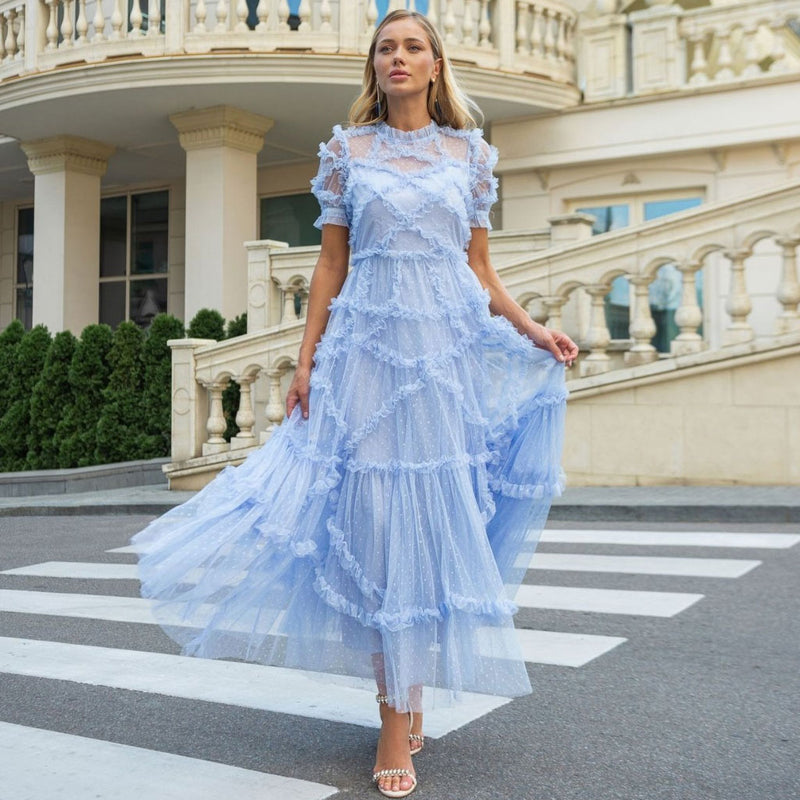 French Style Frill Neck Short Sleeve A Line Dotted Ruffle Tulle Tiered Maxi Dress