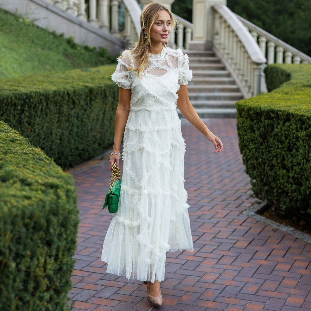 French Style Frill Neck Short Sleeve A Line Dotted Ruffle