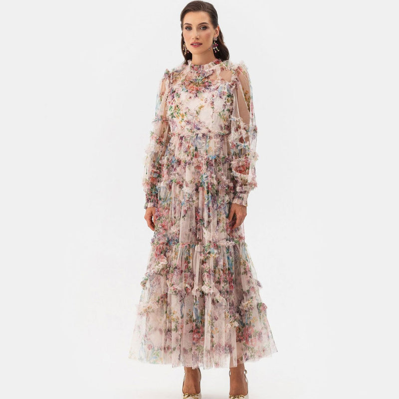 French Style High Neck Bishop Sleeve A Line Ruffle Tiered Floral Tulle Maxi Dress