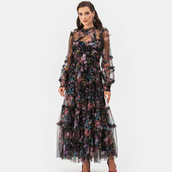 French Style High Neck Bishop Sleeve A Line Ruffle Tiered Floral Tulle Maxi Dress