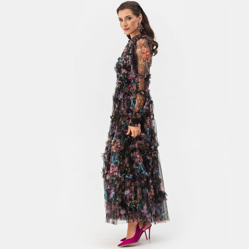 French Style High Neck Bishop Sleeve A Line Ruffle Tiered Floral Tulle Maxi Dress