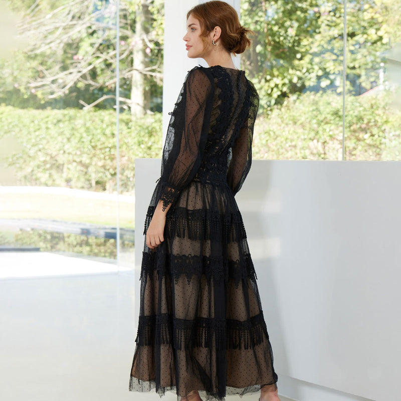 French Style Polka Dot Print Bishop Sleeve High Split Tassel Layered Lace Maxi Dress