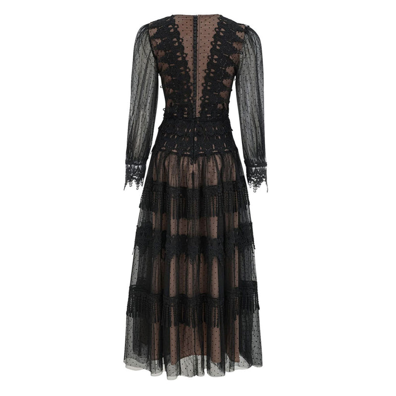 French Style Polka Dot Print Bishop Sleeve High Split Tassel Layered Lace Maxi Dress