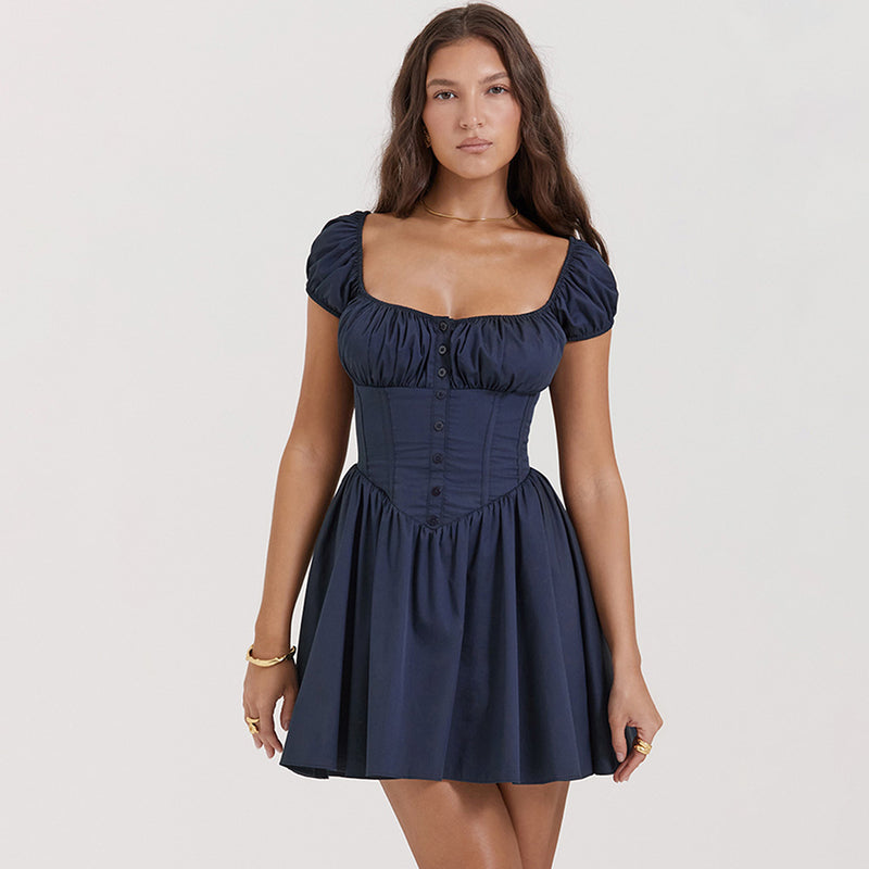 French Style Square Neck Short Sleeve Corset Drop Waist Mini Party Dress