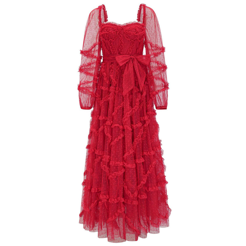 French Style Sweetheart Neck Bishop Sleeve A Line Ruffle Tiered Dotted Tulle Maxi Dress