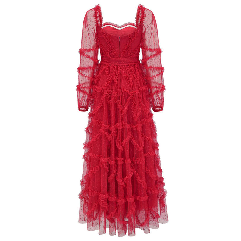 French Style Sweetheart Neck Bishop Sleeve A Line Ruffle Tiered Dotted Tulle Maxi Dress