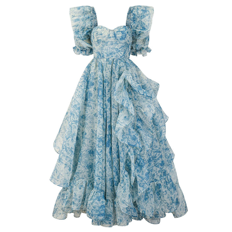 French Style Sweetheart Neck Puff Sleeve A Line Floral Organza Ruffle Tiered Maxi Dress