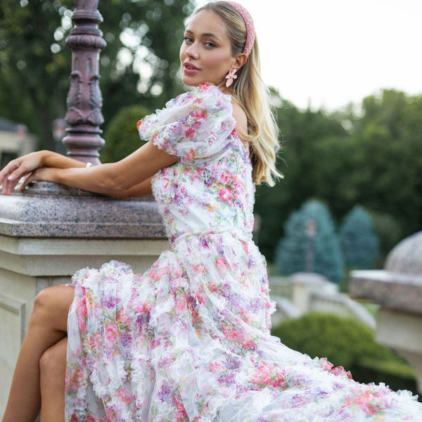 French Style Sweetheart Neck Puff Sleeve A Line Ruffle Tulle Floral Maxi Dress