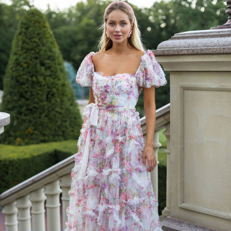 French Style Sweetheart Neck Puff Sleeve A Line Ruffle Tulle Floral Maxi Dress