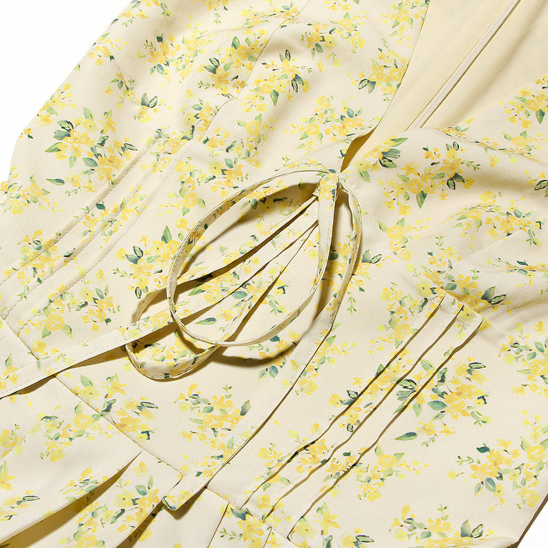 French Style V Neck Bow Trim Short Sleeve Drop Waist Mini Floral Print Dress