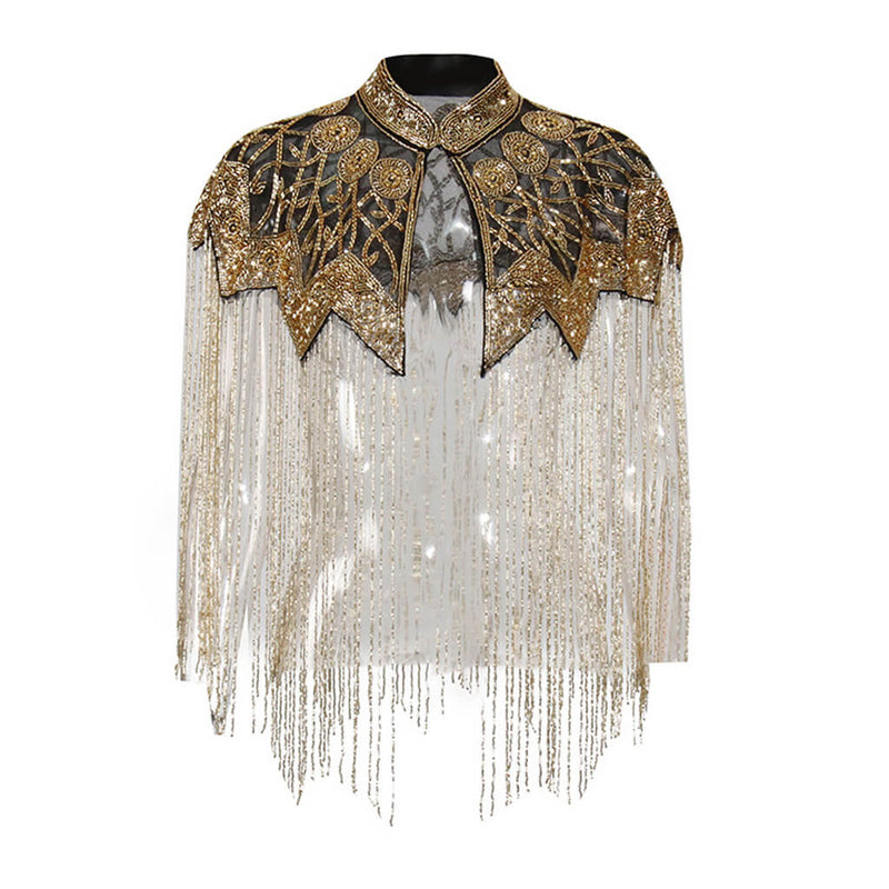 Gatsby Style 20s Metallic Beaded Fringe High Neck Embellished Mesh Cape
