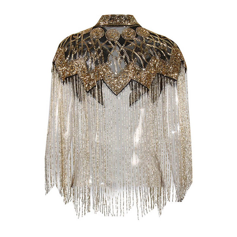 Gatsby Style 20s Metallic Beaded Fringe High Neck Embellished Mesh Cape