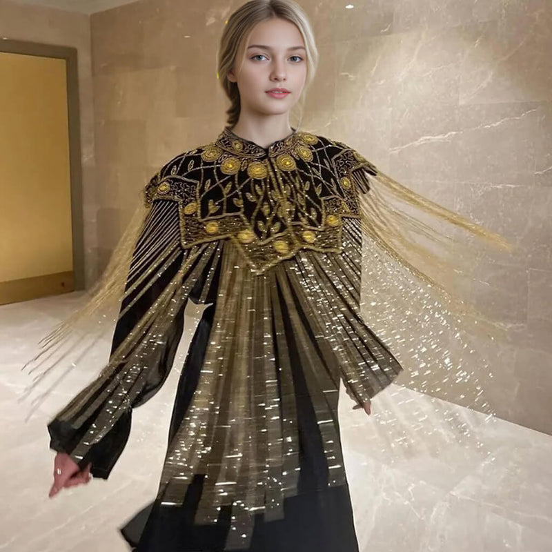 Gatsby Style 20s Metallic Beaded Fringe High Neck Embellished Mesh Cape