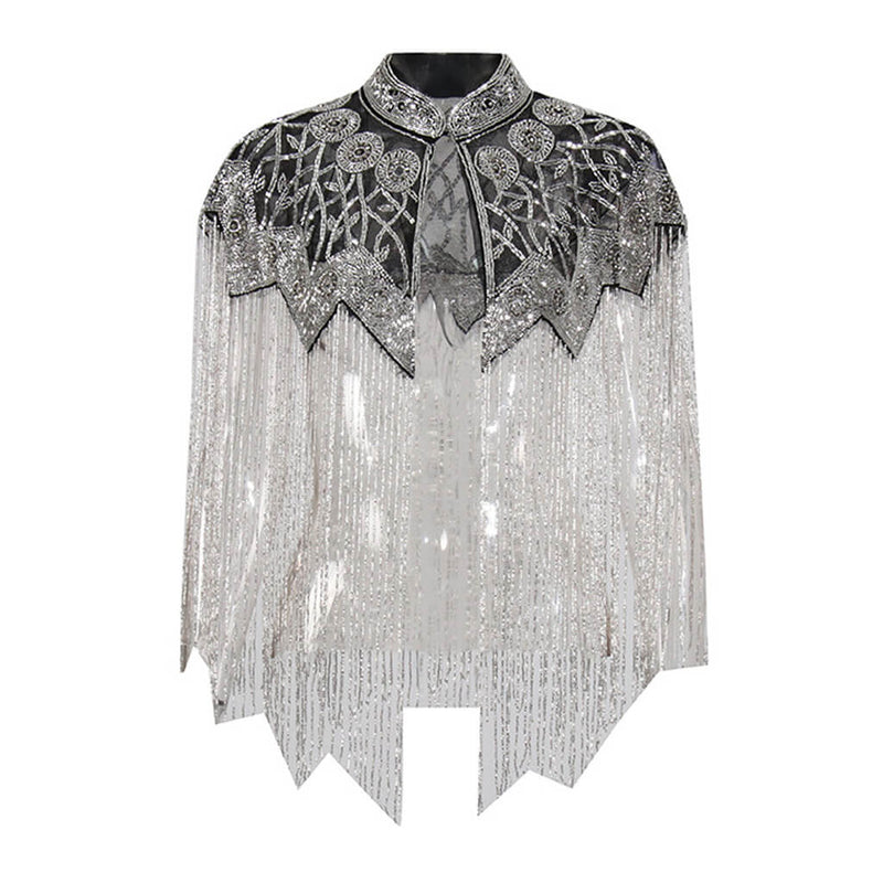 Gatsby Style 20s Metallic Beaded Fringe High Neck Embellished Mesh Cape