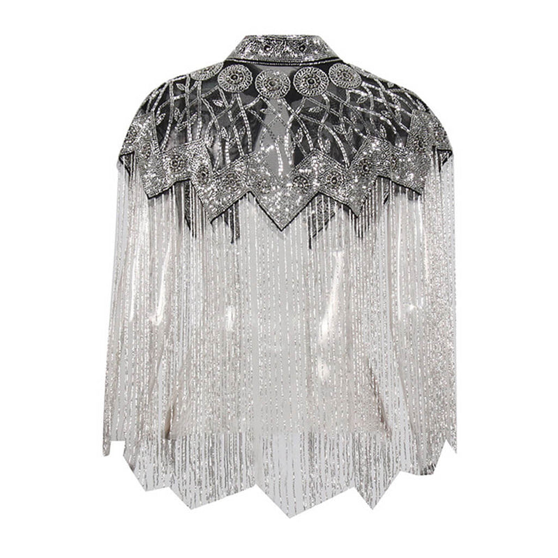 Gatsby Style 20s Metallic Beaded Fringe High Neck Embellished Mesh Cape