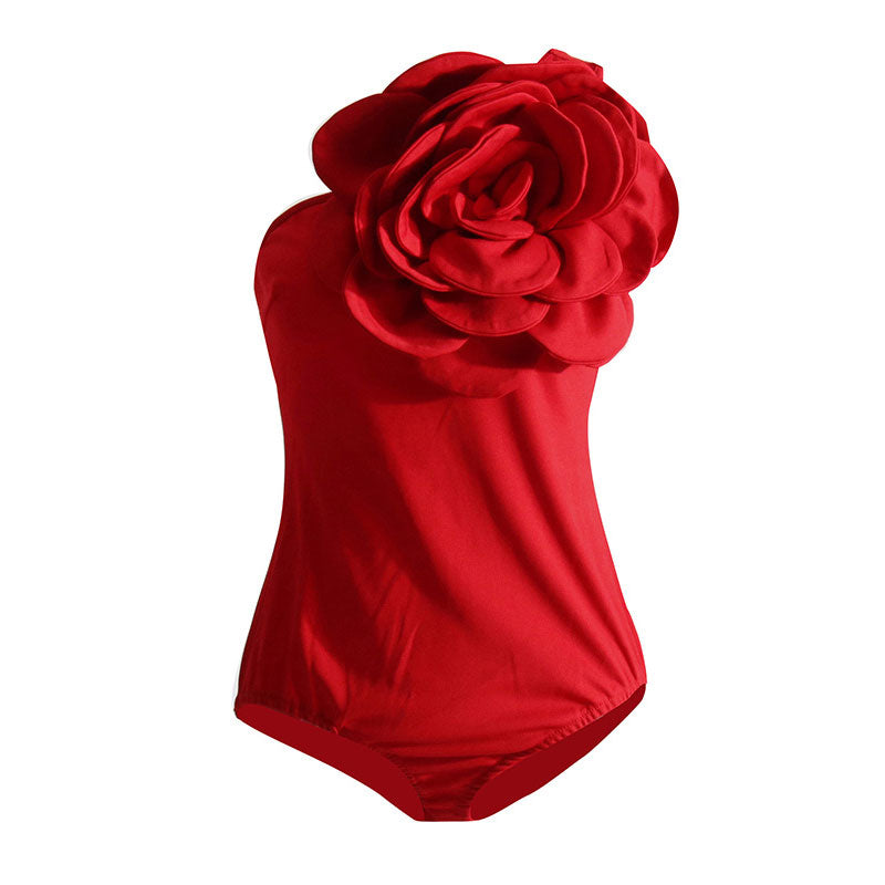 Giant Rosette Applique One Shoulder Solid Color Sleeveless Bodysuit