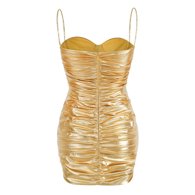 Gilded Metallic Effect Sweetheart Neck Ruched Cami Bodycon Mini Party Dress