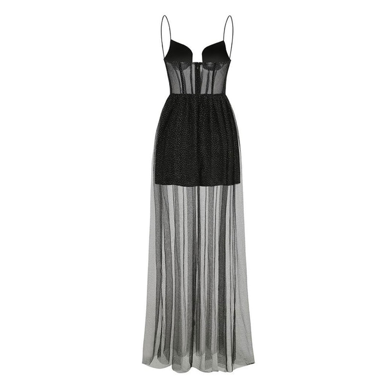 Gilded Tulle Sweetheart Neck Cami Corset Fit and Flare Maxi Evening Dress