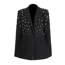 Glamorous Beaded Floral Fringe Notch Lapel One Button Tailored Blazer