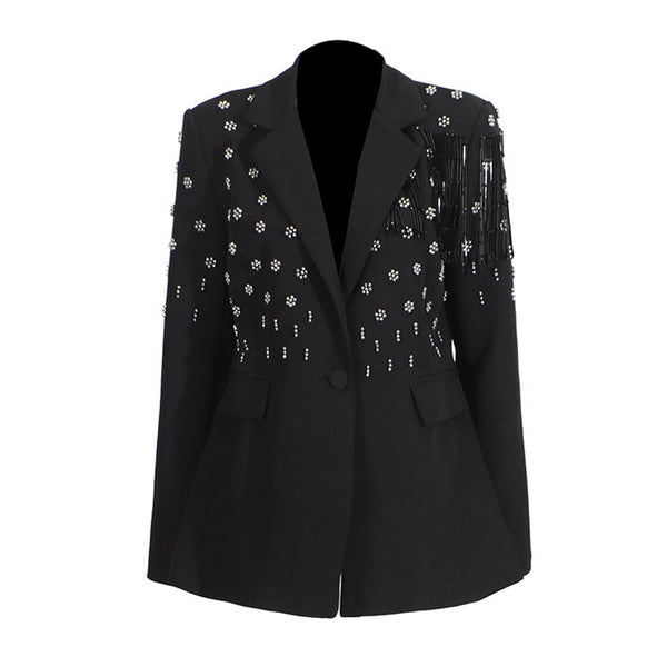 Glamorous Beaded Floral Fringe Notch Lapel One Button Tailored Blazer