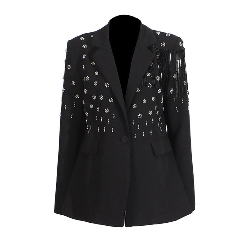 Glamorous Beaded Floral Fringe Notch Lapel One Button Tailored Blazer