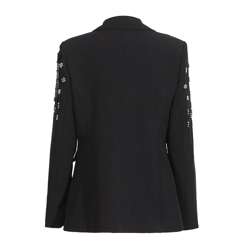 Glamorous Beaded Floral Fringe Notch Lapel One Button Tailored Blazer