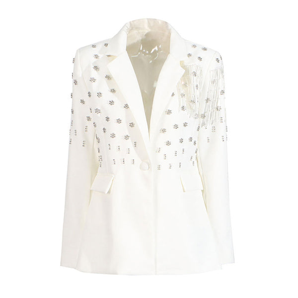 Glamorous Beaded Floral Fringe Notch Lapel One Button Tailored Blazer
