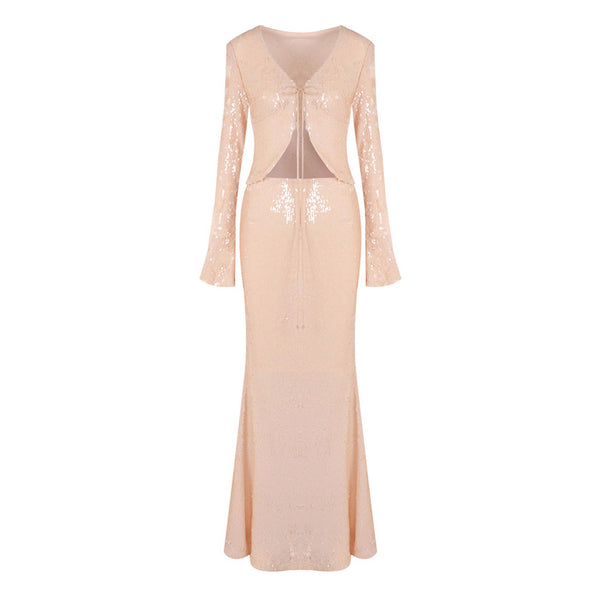 Glamorous Sequin Flared Sleeve Tie Front Top Fishtail Maxi Skirt Matching Set