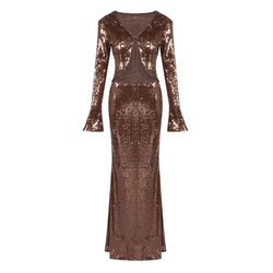 Glamorous Sequin Flared Sleeve Tie Front Top Fishtail Maxi Skirt Matching Set
