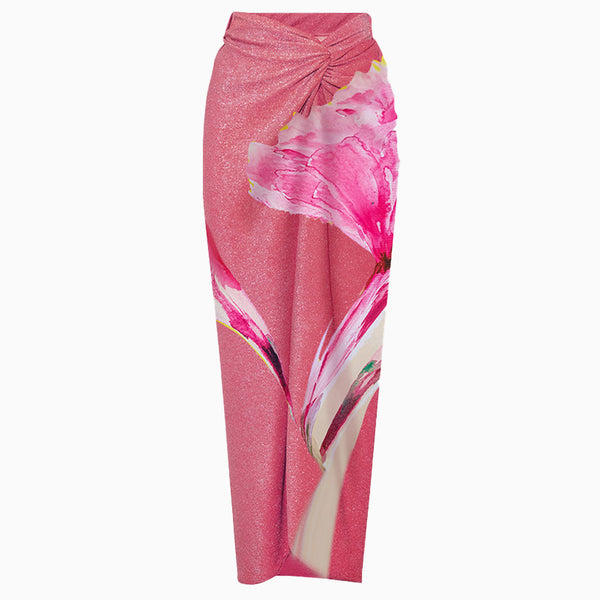 Glitter Floral Print High Waist Ruched Twist Knot Cover Up Maxi Beach Skirt