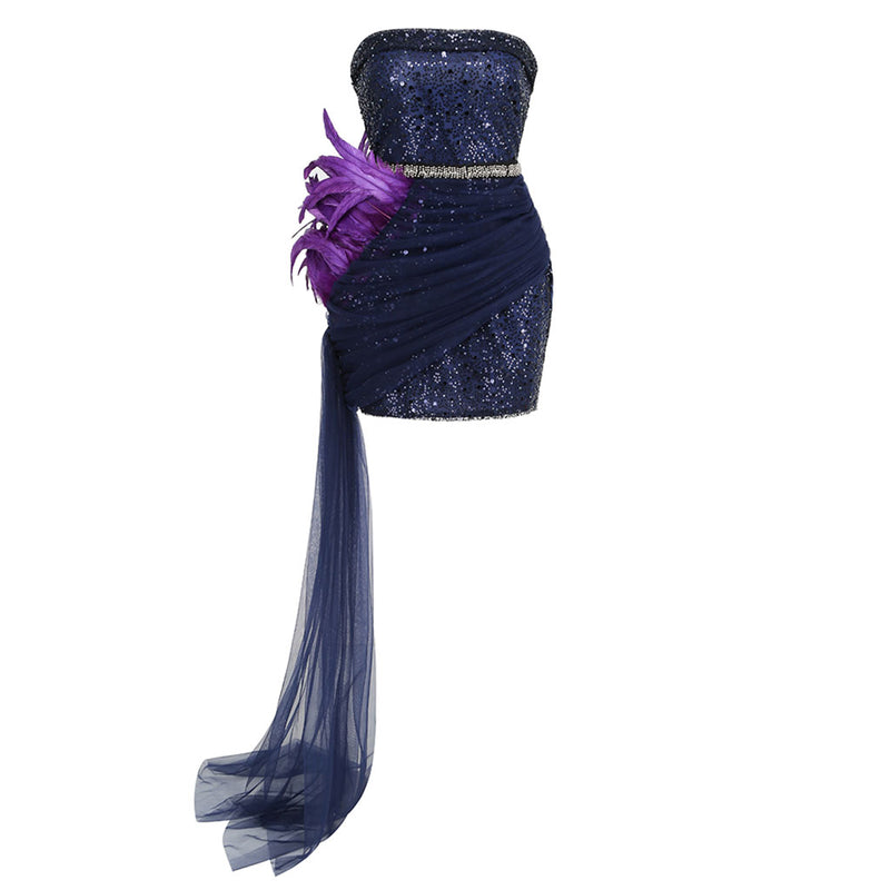 Glitter Galaxy Sequin Folded Strapless Ruched Sash Feather Trim Mini Party Dress