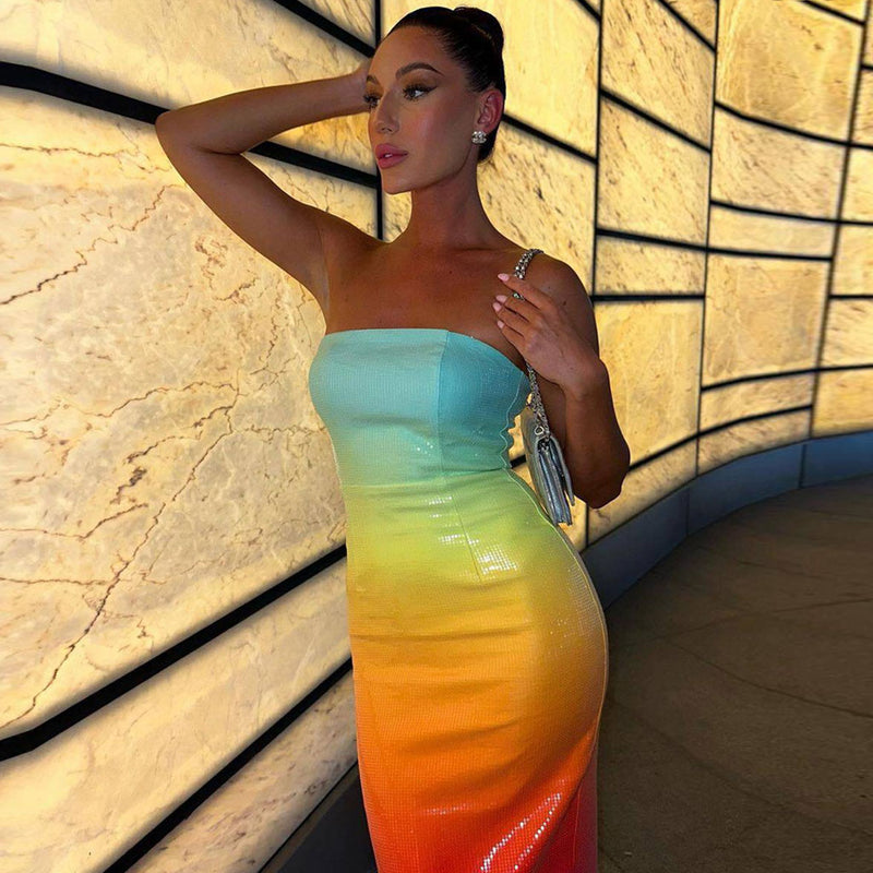 Glitter Mermaid Effect Corset Strapless Bodycon Slit Ombre Sequin Midi Cocktail Dress