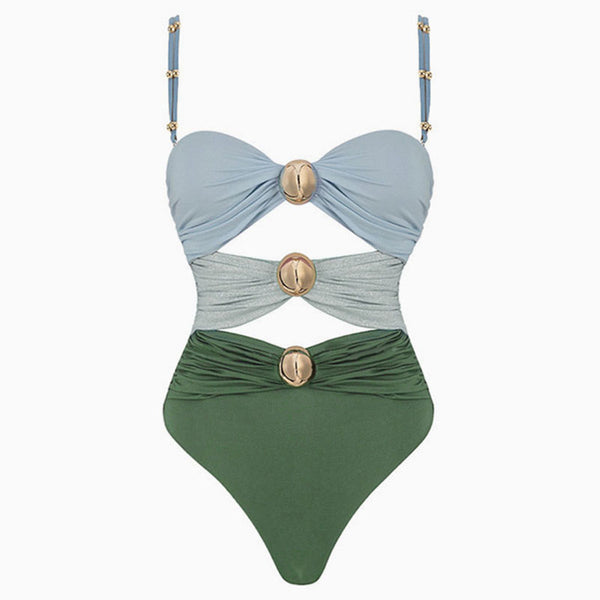 Glitter Metallic Ball Color Block Ruched Cutout Bandeau One Piece Swimsuit